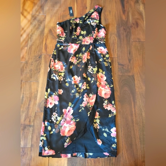 Lulus Black Floral Satin One-Shoulder Midi Dress size large - Picture 2 of 6